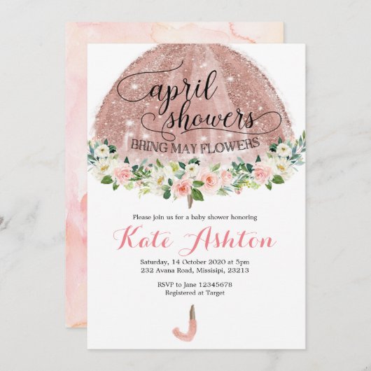 バラ金ゴールド4月に傘(かさ)のベビーシャワー招待 招待状 (正面/裏面)