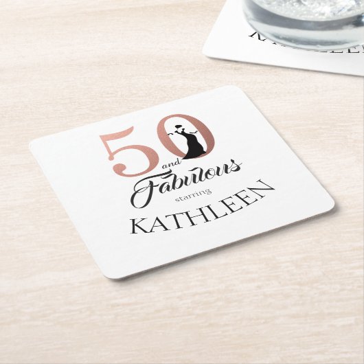 バラ金ゴールド50と素晴らしい誕生日パーティー追加の名前 スクエアペーパーコースター (アングル)