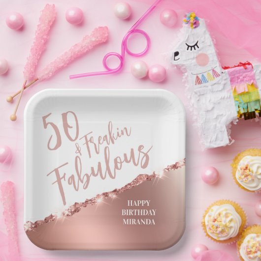 バラ金ゴールド50と素晴らしい!おもしろいタイポグラフィ誕生日 ペーパープレート (パーティー)