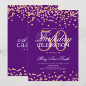 バラ金ゴールド50番目の誕生日グリッター紙吹雪紫 招待状 (正面/裏面)