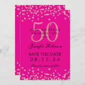 バラ金ゴールド50誕生日救日紙吹雪ホットピンク 招待状 (正面/裏面)