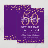 バラ金ゴールド50誕生日日救付紙吹雪紫 セーブザデート (正面/裏面)