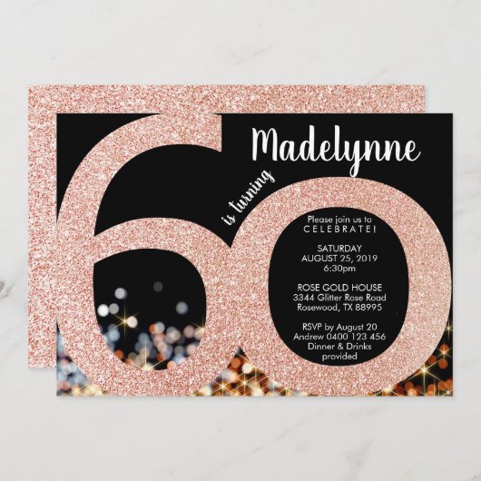 バラ金ゴールド60番目の誕生日招待状-メス60番目 招待状 (正面/裏面)