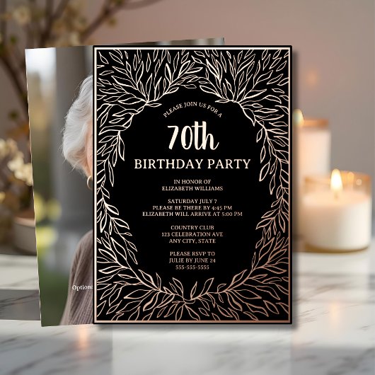 バラ金ゴールド70カスタム番目の手描き誕生日 箔招待状