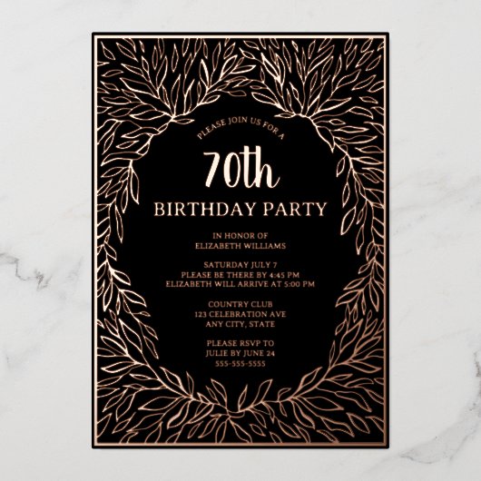 バラ金ゴールド70カスタム番目の手描き誕生日 箔招待状 (正面)