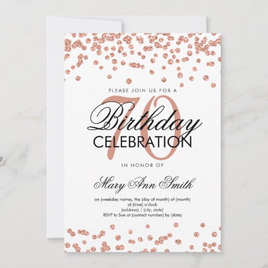 バラ金ゴールド70thバースデーパーティーグリッター紙吹雪 招待状 (正面)