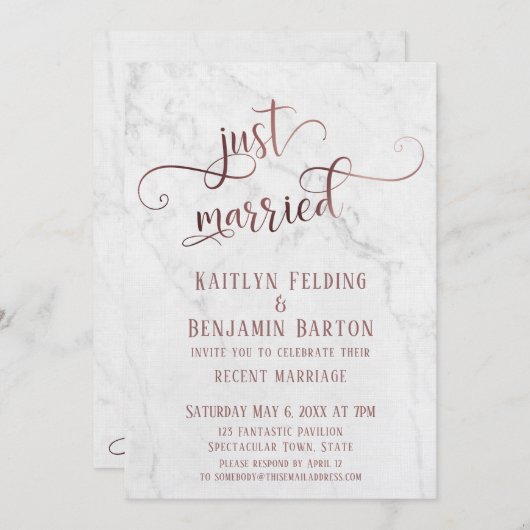 バラ金ゴールド「たった今結婚しました」タイポグラフィ(大理石付) 招待状 (正面/裏面)