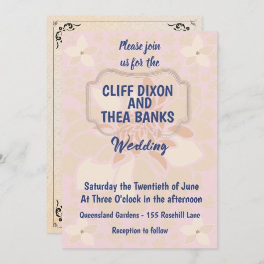 バラ金ゴールド、ほこりっぽいバラと赤面フローラ結婚の 招待状 (正面/裏面)