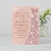 バラ金ゴールド、ほこりっぽいバラ&赤面ドレスブライダルシャワー 箔招待状 (立ち正面)