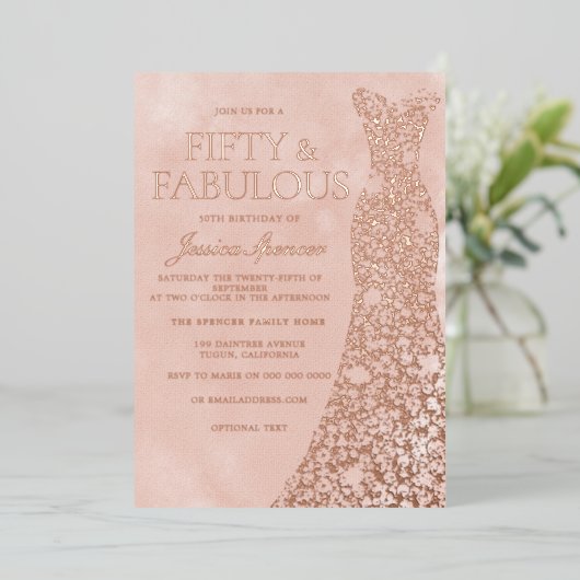 バラ金ゴールド、ほこりっぽいバラ&赤面ドレス50th誕生日 箔招待状 (立ち正面)