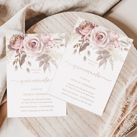 バラ金ゴールド、ほこりっぽいバラ&赤面フローラキンセアニェラ 箔招待状