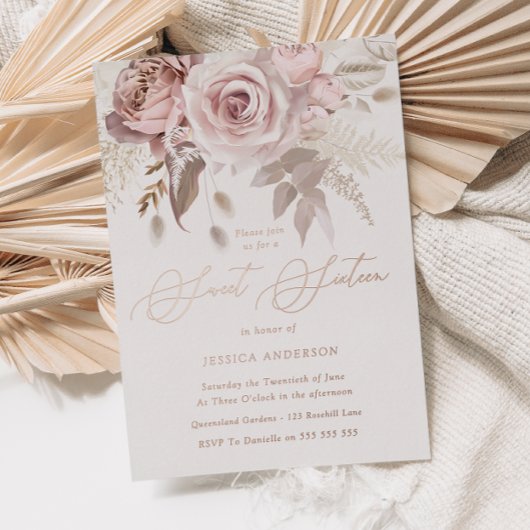 バラ金ゴールド、ほこりっぽいバラ&赤面フローラスウィート16 箔招待状