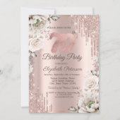 バラ金ゴールド、グリッタードリップ、白い花70th誕生日 招待状 (正面)