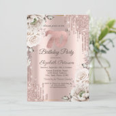 バラ金ゴールド、グリッタードリップ、白い花70th誕生日 招待状 (スタンド正面)