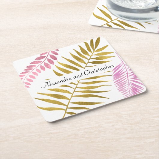 バラ金ゴールド&ゴールドフォイルトロピカルズ結婚コースター スクエアペーパーコースター (アングル)