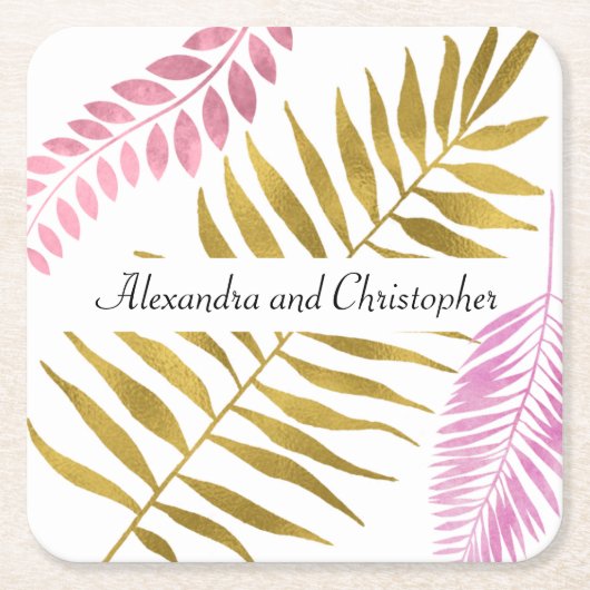 バラ金ゴールド&ゴールドフォイルトロピカルズ結婚コースター スクエアペーパーコースター (正面)
