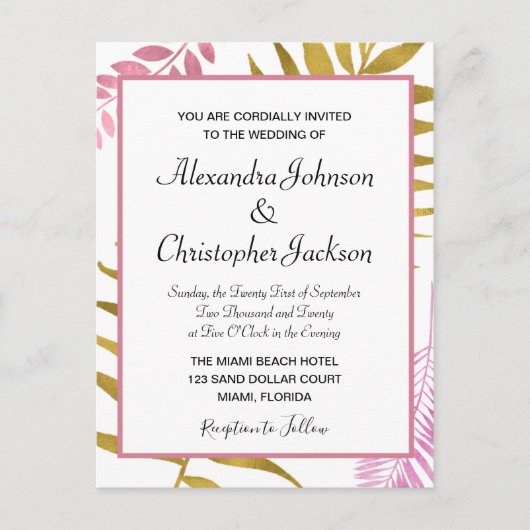 バラ金ゴールド&ゴールドフォイルトロピカル結婚式招待状 インビテーションポストカード (正面)