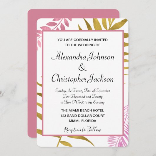 バラ金ゴールド&ゴールドフォイルトロピカル結婚式招待状 招待状 (正面/裏面)