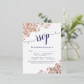 バラ金ゴールド&ネイビーオンホワイトエレガントウェディングRSVP 箔招待状ポストカード (立ち正面)