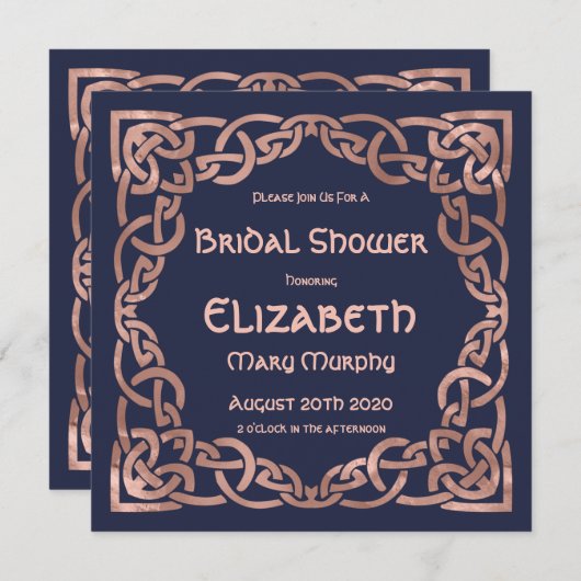 バラ金ゴールド&ネイビーブルーケルト結び目模様招待状 招待状 (正面/裏面)