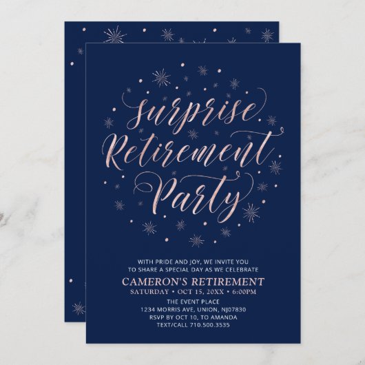 バラ金ゴールド&ネイビーブルー |サプライズ退職パーティー 招待状 (正面/裏面)