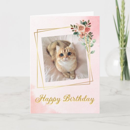 バラ金ゴールド&ピンクかわいい猫誕生日カード カード (正面)