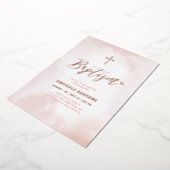 バラ金ゴールド&ピンクハートガールバプテスマ 箔招待状 (回転した状態)