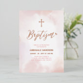 バラ金ゴールド&ピンクハートガールバプテスマ 箔招待状 (立ち正面)