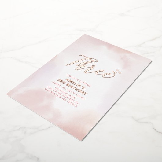 バラ金ゴールド&ピンクハートスリーガール3rd誕生日 箔招待状 (回転した状態)