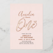 バラ金ゴールド&ピンクハートワンガールバースデーパーティー 箔招待状 (正面)