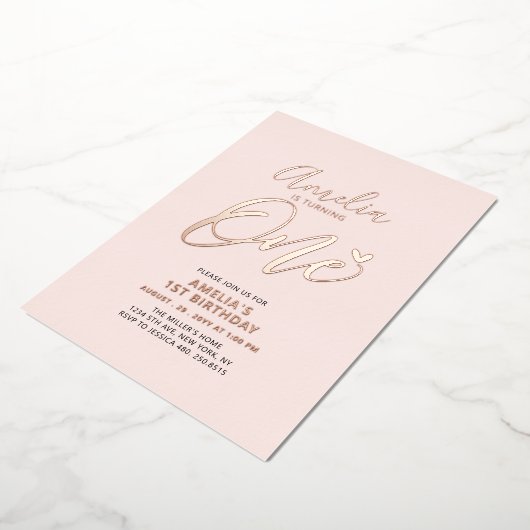 バラ金ゴールド&ピンクハートワンガールバースデーパーティー 箔招待状 (回転した状態)