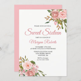 バラ金ゴールド&ピンクフラワーズスウィート16パーティー招待状 招待状