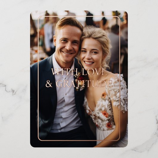 バラ金ゴールド、フォイル結婚ス、1枚の写真「ありがとう」 箔招待状 (正面)