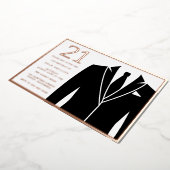 バラ金ゴールド&ブラックスーツ&タイ21st誕生日パーティー 箔招待状 (回転した状態)