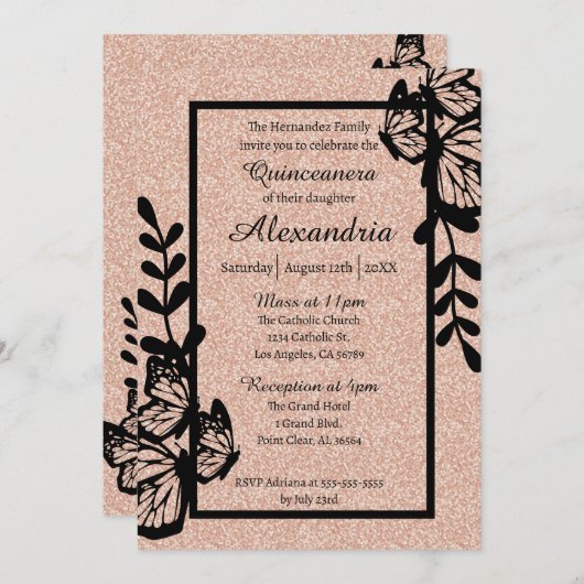 バラ金ゴールド&ブラックバタフライキンセアニェラ 招待状 (正面/裏面)