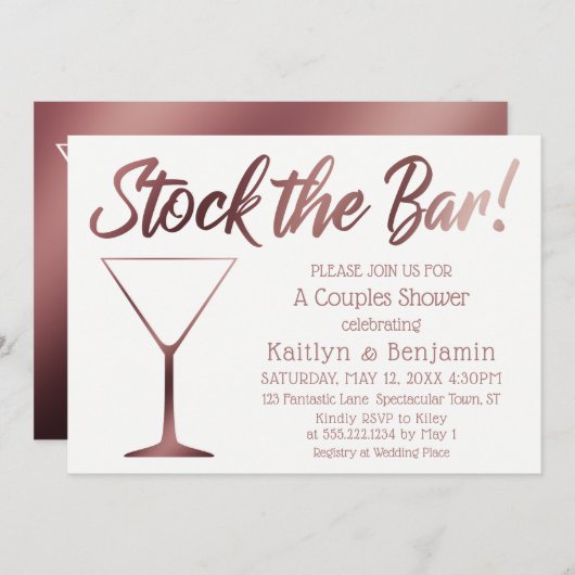 バラ金ゴールド&ホワイトストックザバーカップルのシャワー 招待状 (正面/裏面)