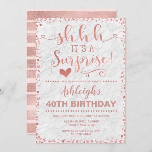 バラ金ゴールド&ホワイトマーブルサプライズバースデーパーティー 招待状 (正面/裏面)