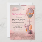 バラ金ゴールド《写真》ぼけ味、ベビーゾウ気球ベビーシャワー 招待状 (正面)