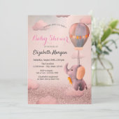 バラ金ゴールド《写真》ぼけ味、ベビーゾウ気球ベビーシャワー 招待状 (スタンド正面)