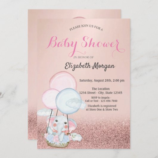 バラ金ゴールド《写真》ぼけ味、象エアバルーン赤ちゃんシャワー 招待状 (正面/裏面)
