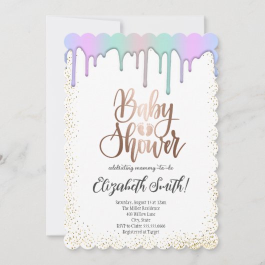 バラ金ゴールド、虹の色の星ベビーシャワーInvi 招待状 (正面)