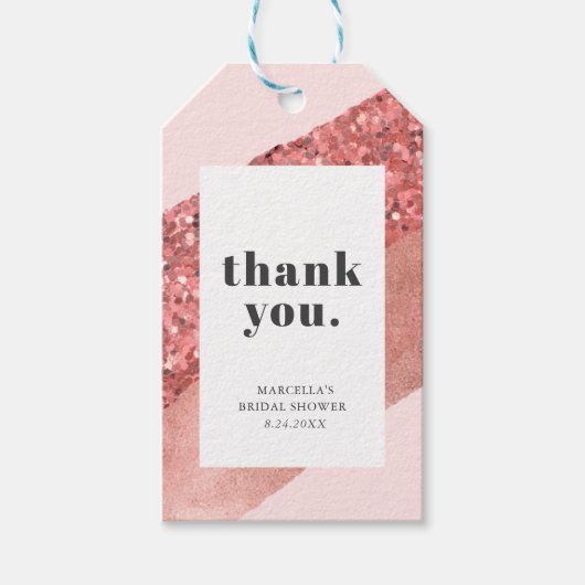 バラ金ゴールド、赤面およびシークインブライダルシャワー ギフトタグ (正面)