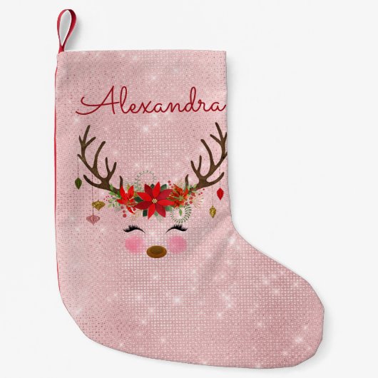 バラ金ゴールド-赤面ピンククリスマストナディアモノグラム スモールクリスマスストッキング (正面)