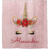 バラ金ゴールド-赤面ピンククリスマスユニコーンモノグラム シャワーカーテン (正面)