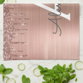 バラ金ゴールド-赤面ピンクグリッターメタルモノグラム名 キッチンタオル (折り畳み)