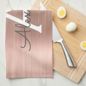 バラ金ゴールド-赤面ピンクグリッターメタルモノグラム名 キッチンタオル (四つ折り)