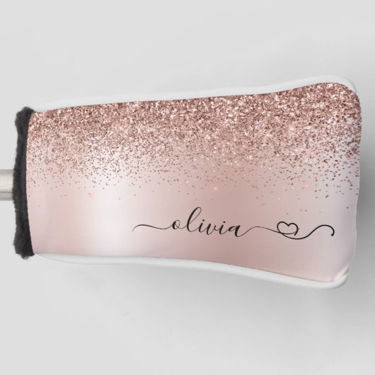 バラ金ゴールド-赤面ピンクグリッターメタルモノグラム名 ゴルフヘッドカバー (正面)