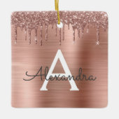 バラ金ゴールド-赤面ピンクグリッターメタルモノグラム名 セラミックオーナメント (正面)