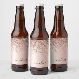 バラ金ゴールド-赤面ピンクグリッターメタルモノグラム名 ビールラベル
