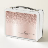 バラ金ゴールド-赤面ピンクグリッターメタルモノグラム名 メタルランチボックス (裏面)